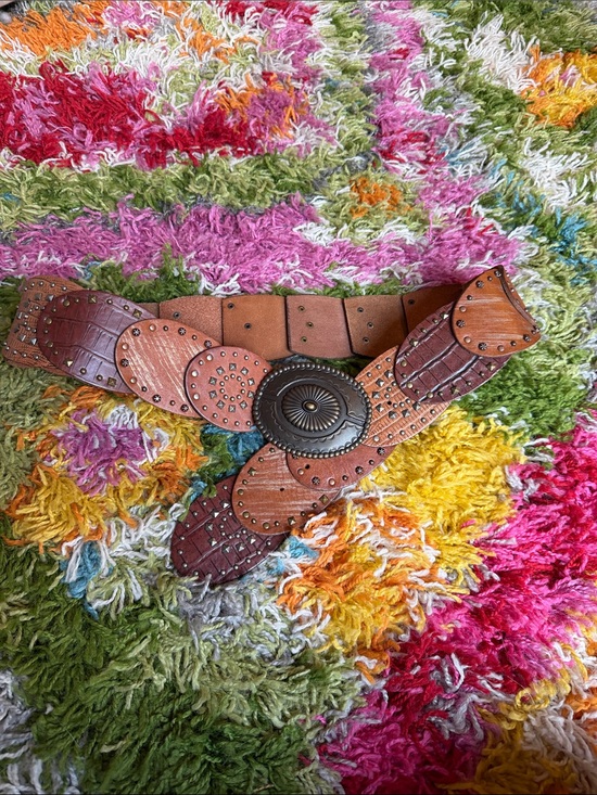 Free People Accessories - Brown Studded Leather Wide Belt with Decorative Buckle + Studs